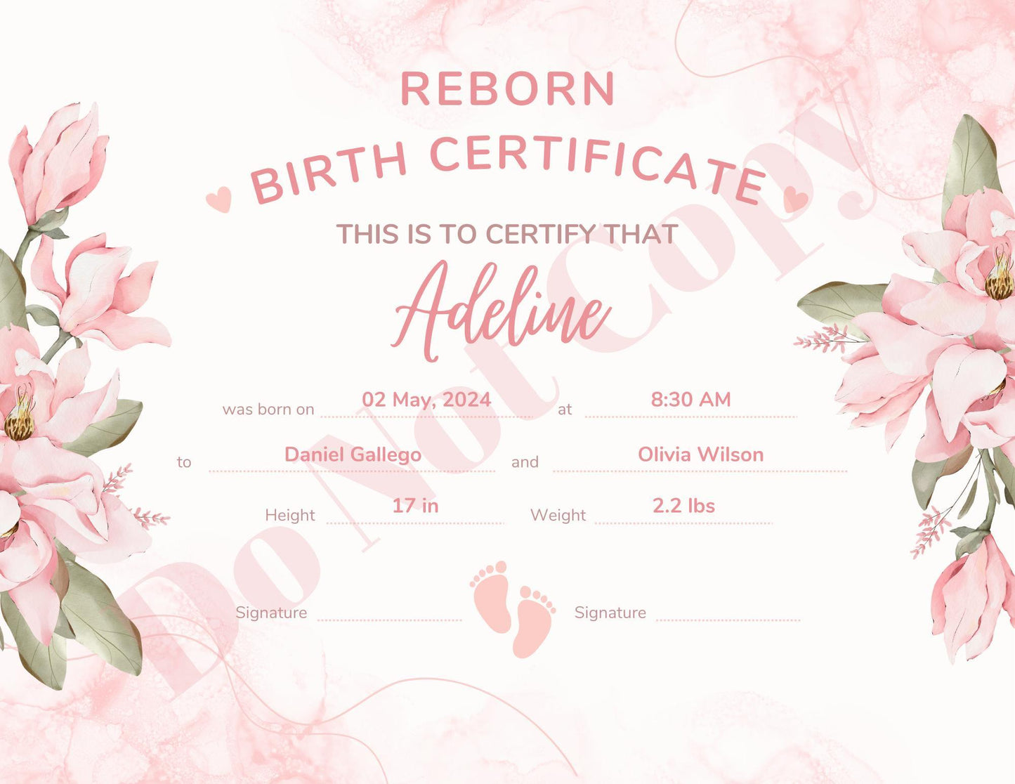 Printed & Delivered Reborn Baby Birth Certificate Professionally Customized For Your Doll and Family