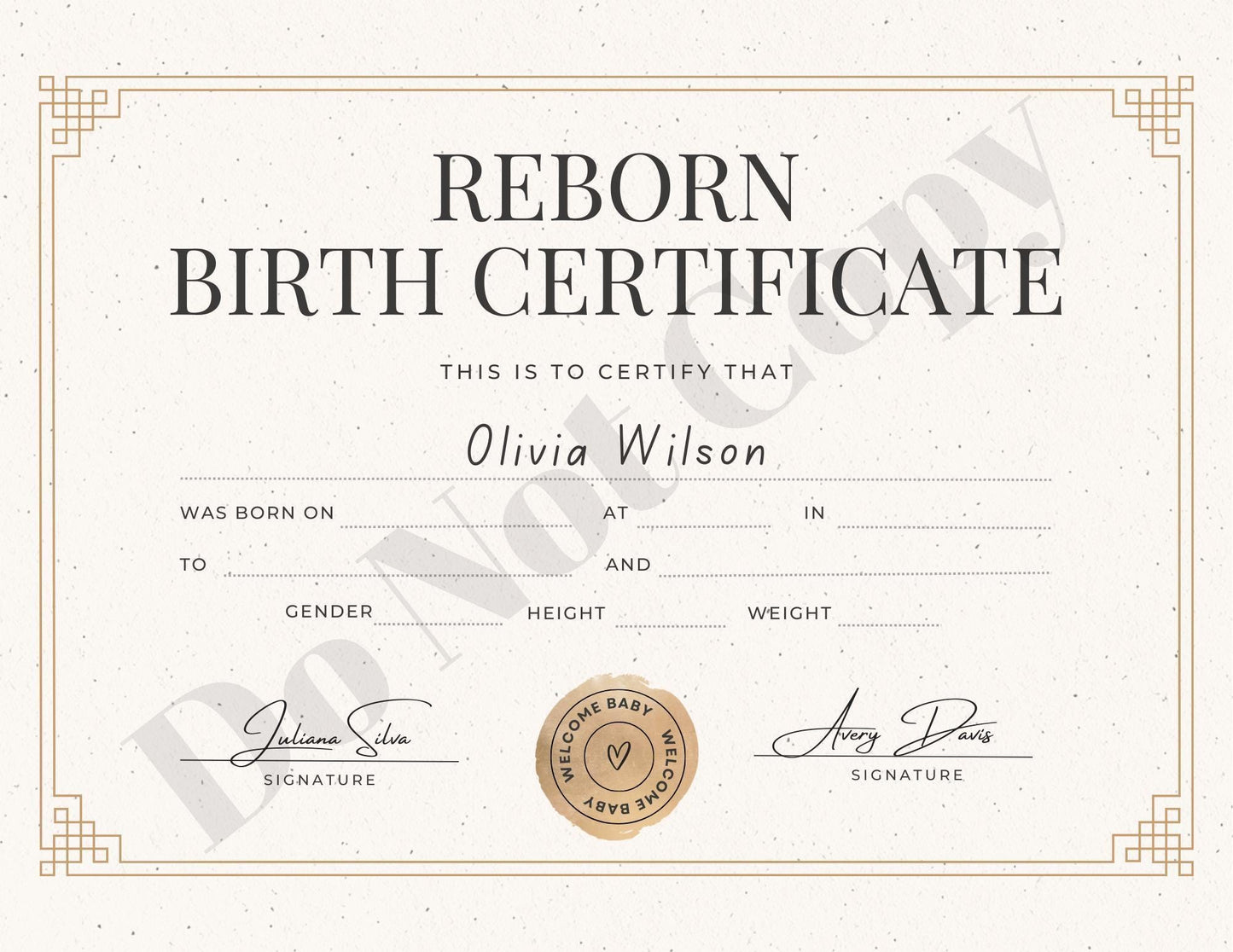 Printed & Delivered Reborn Baby Birth Certificate Professionally Customized For Your Doll and Family