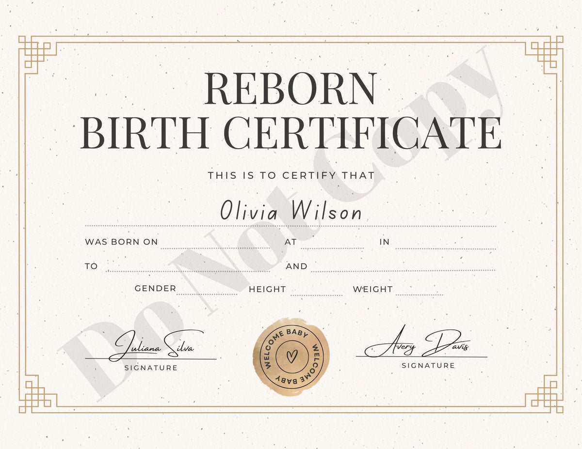 Printed & Delivered Reborn Baby Birth Certificate Professionally Customized For Your Doll and Family