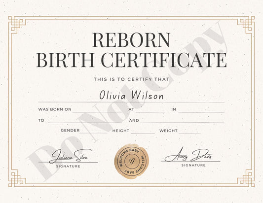 PRINT AT HOME Reborn Baby Birth Certificate ~ Customized For Your Doll & Family