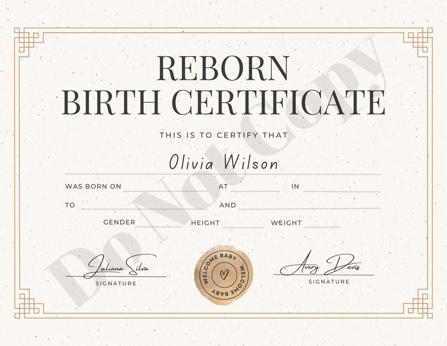 Printed & Delivered Reborn Baby Birth Certificate Professionally Customized For Your Doll and Family