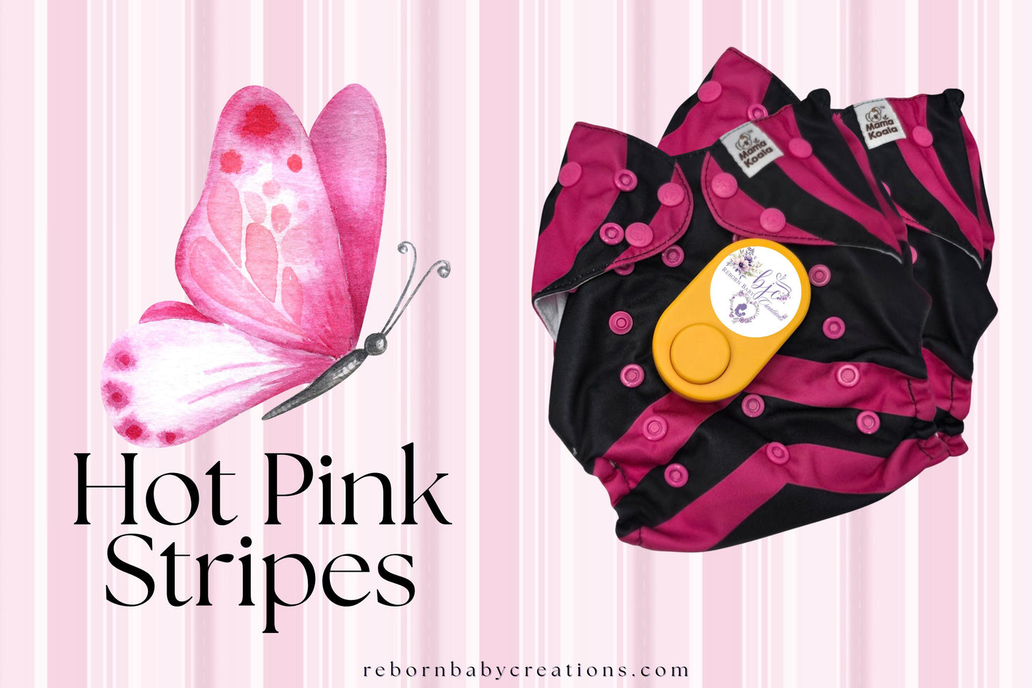 The image is a promotional graphic for a product called "Hot Pink Stripes". It features a pink butterfly and a black and pink striped diaper, both set against a pink background with vertical stripes.