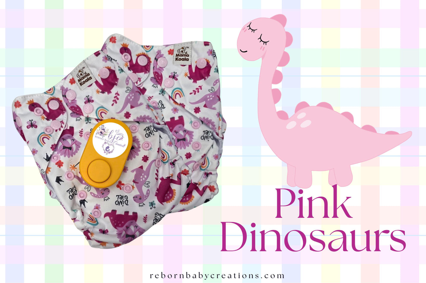 a pink dinosaur and a pink dinosaur-themed blanket, with the text "Pink Dinosaurs" displayed prominently.
