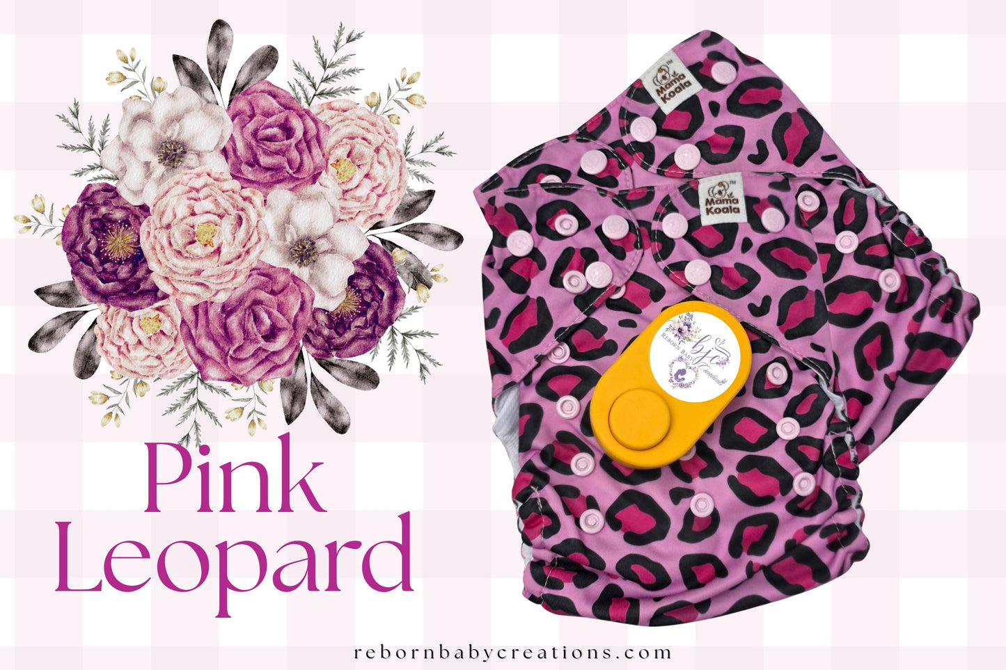 The image is a collage featuring a floral arrangement and a pair of leopard print diapers.