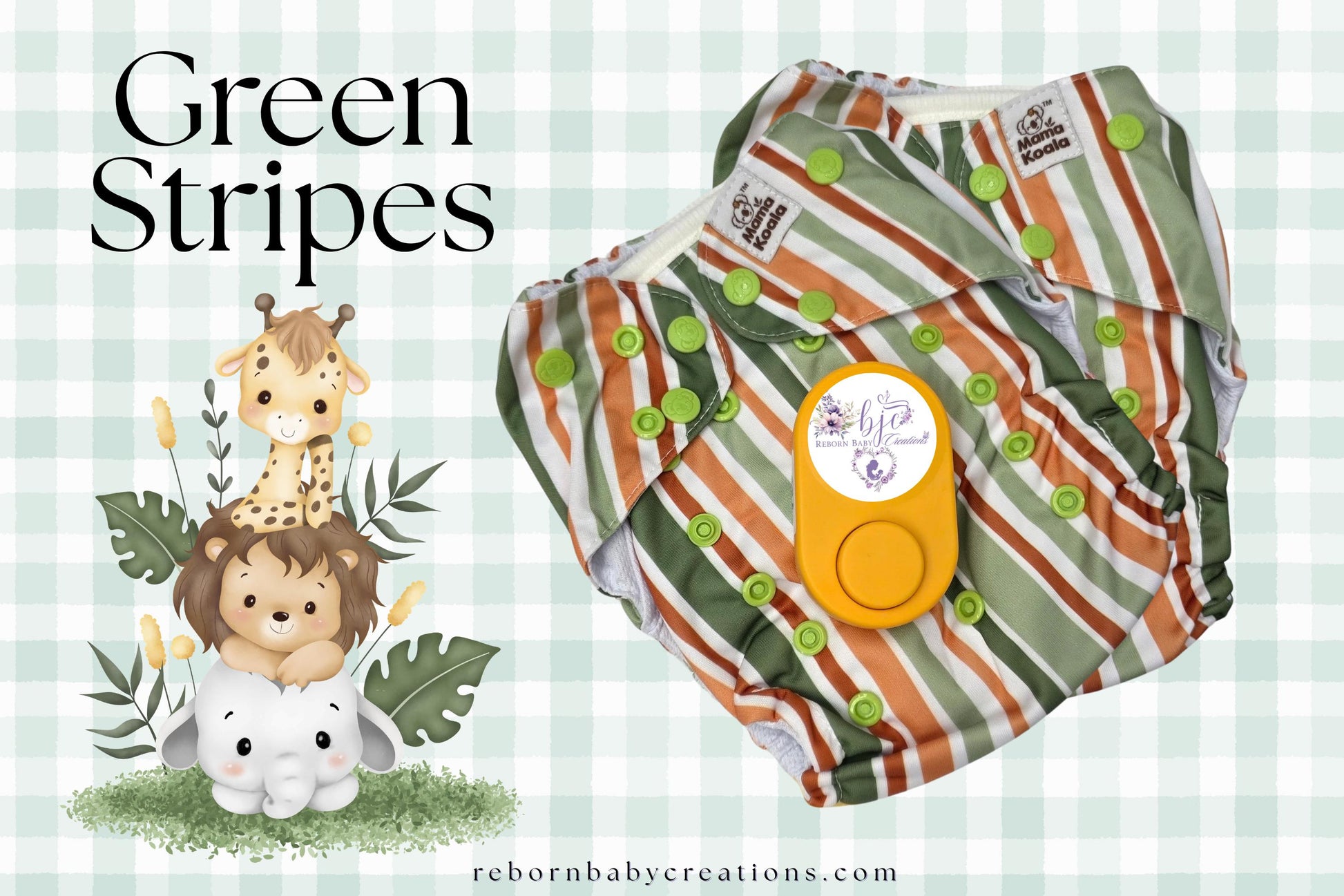 The image is a collage featuring a green striped diaper with a cartoon giraffe and lion, along with a yellow button on the diaper.