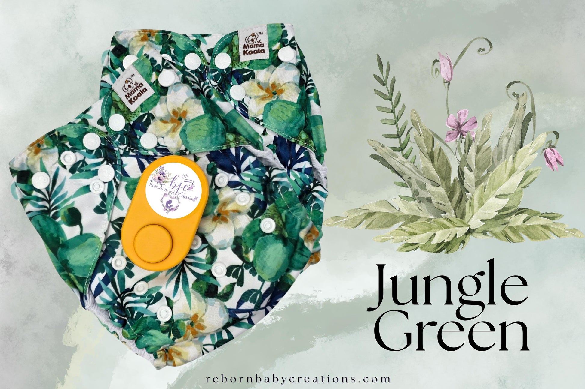 The image is a collage featuring a jungle green diaper with a yellow button, a green plant with pink flowers, and the text "Jungle Green" along with a website address.