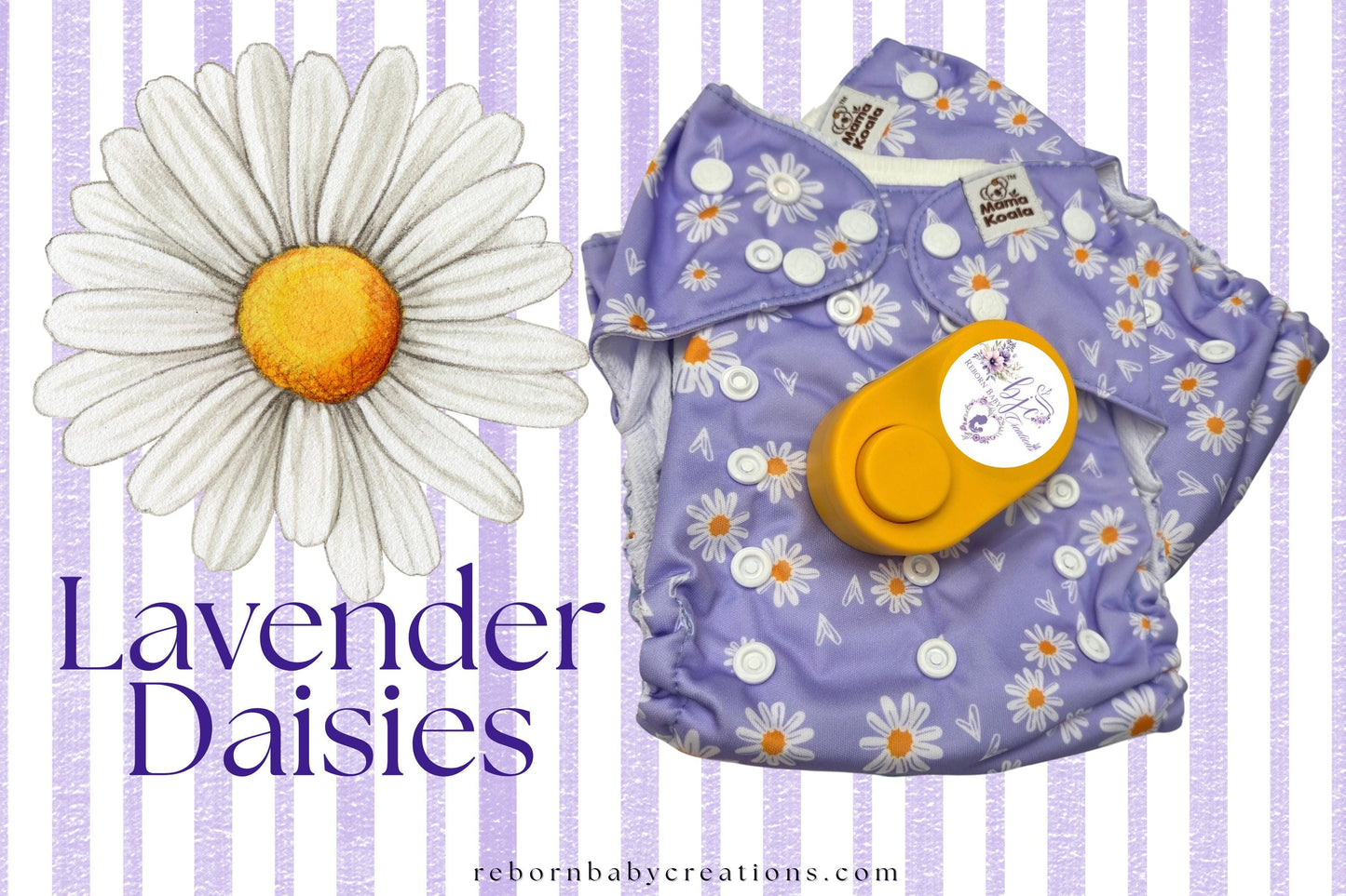 a lavender daisy and a purple cloth with white daisies, along with a yellow object that appears to be a baby bib or bib holder.