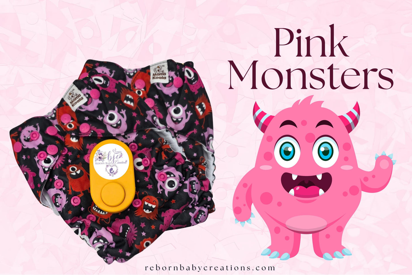 a pink monster and a diaper with a monster print, both set against a pink background with the text "Pink Monsters" displayed prominently.