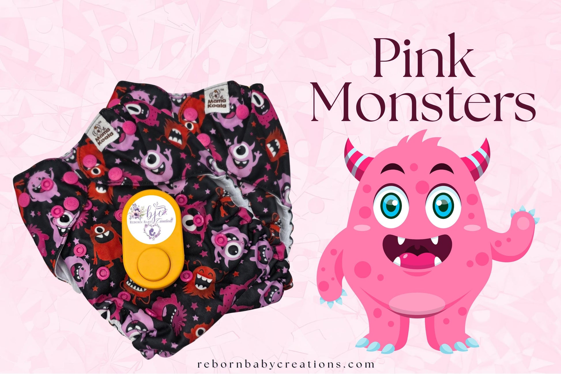 a pink monster and a diaper with a monster print, both set against a pink background with the text "Pink Monsters" displayed prominently.