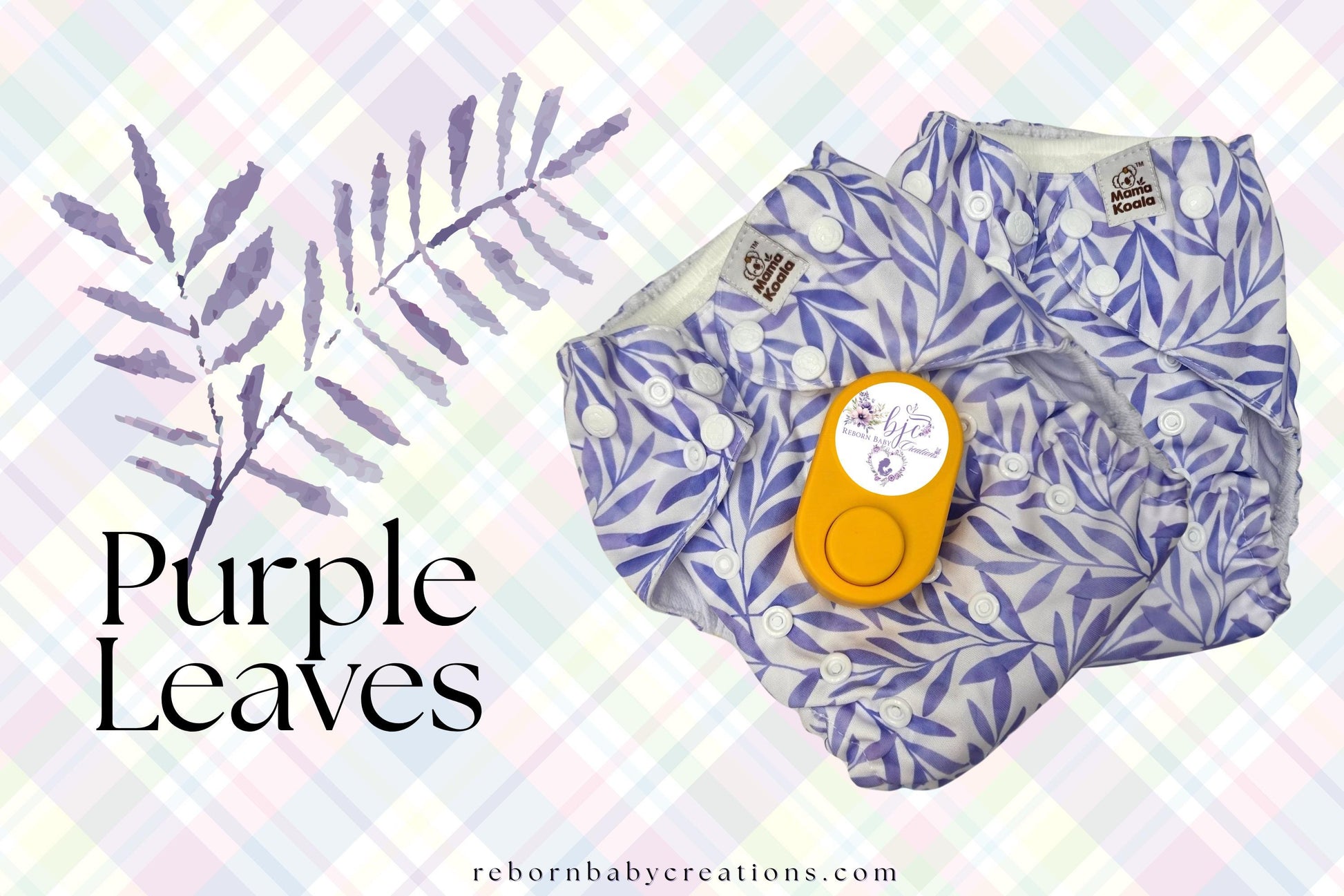 a pair of blue and white patterned diapers, a yellow and orange baby bottle, and a purple leaf design, all set against a plaid background.