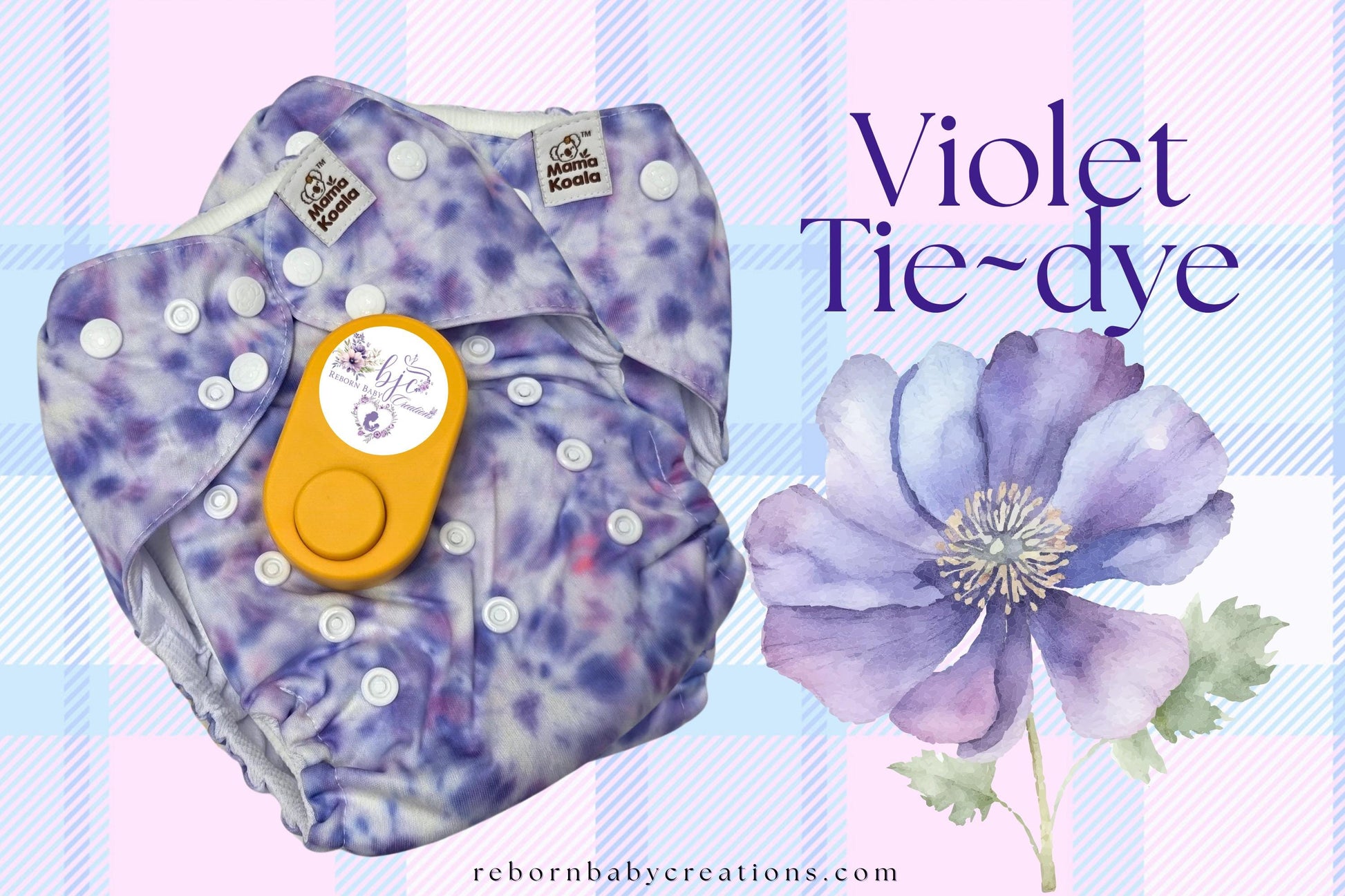 The image is a collage featuring a purple tie-dye cloth, a yellow object, and a purple flower. The text "Violet Tie-dye" is displayed prominently in the image.