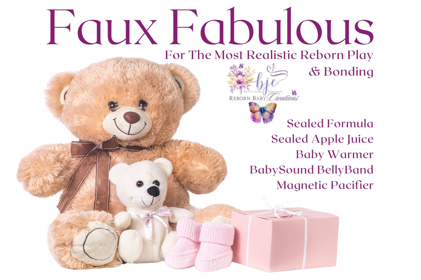 Reborn Doll Gift Set: Formula, Juice, Sound Box In BellyBand, Pacifier. Doll Not Included.